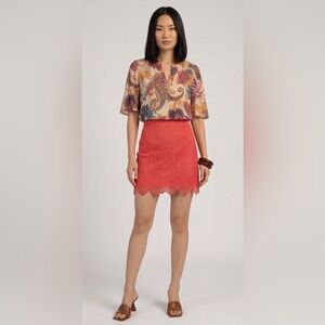 Red Lace Scallop Hem Mini Skirt